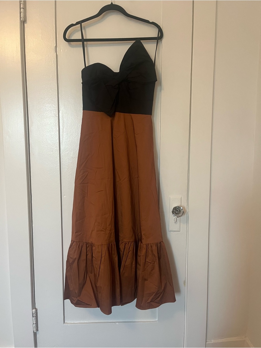 NEVER WORN- Anthropologie Black and Brown Strapless Midi Dress with Front Bow - Picture 2 of 6